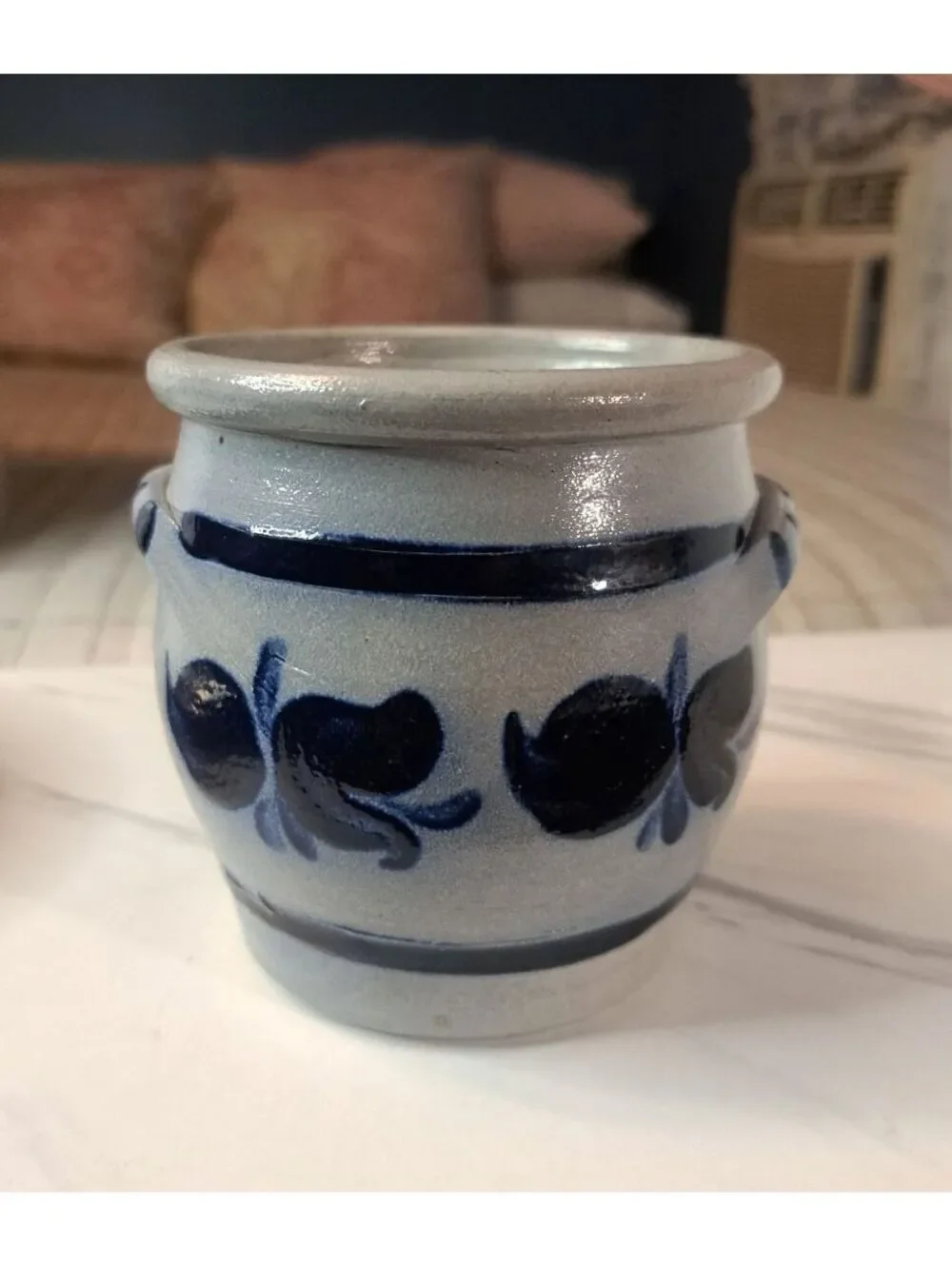 Vintage Williamsburg Pottery Salt Glaze Mini Crock Cobalt & Gray 2 Handled 4